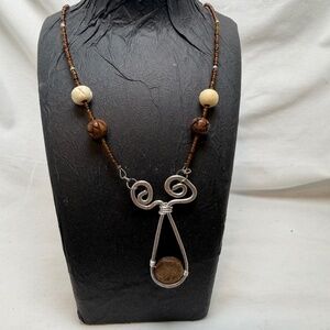 Handmade Necklace Hammered Aluminum Pendant Beaded Wooden Accent Beads 21"